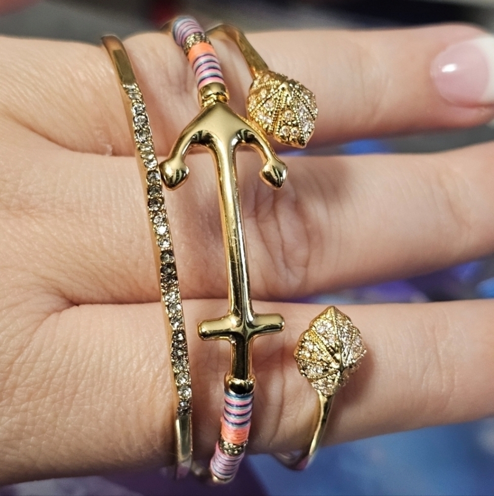 Stella and Dot Gold Set Of 3 Cuff Bracelets with Rhinestones